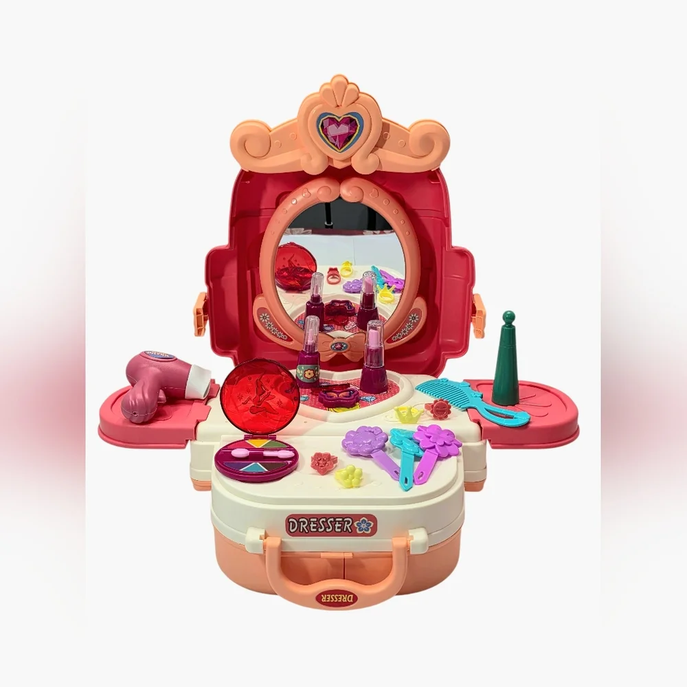 3-in-1 Kids Dresser Backpack Vanity Playset & Toddler Pretend Makeup Kit
